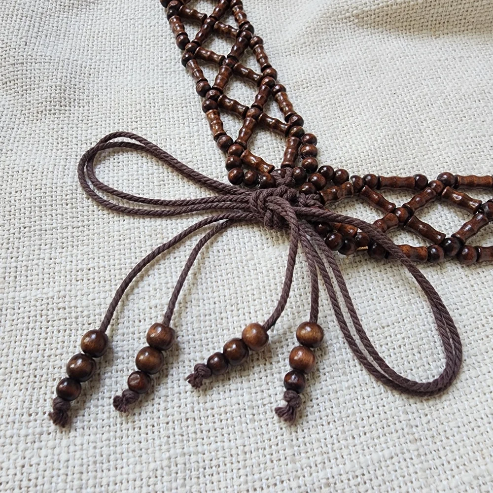 Handmade Bali Beaded Wood Ethnic Boho Tassel Belt Beads Cotton Fringe